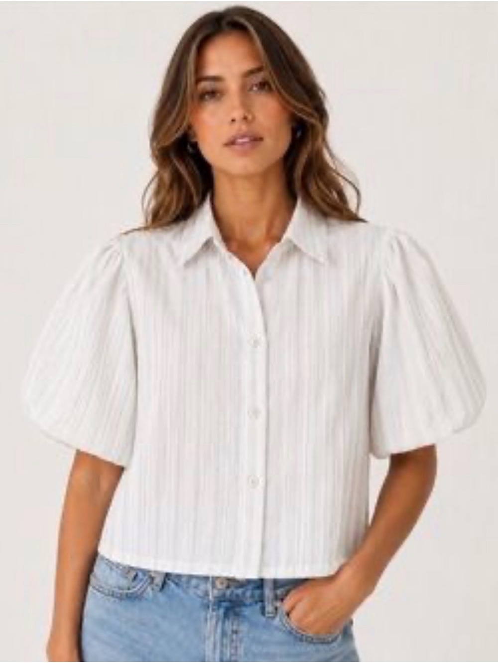 Cotton Puff-Sleeve Button-Down Shirt in White Stripe